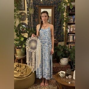 World Market Blue White Paisley Floral Cotton Maxi Dress Boho Split Front